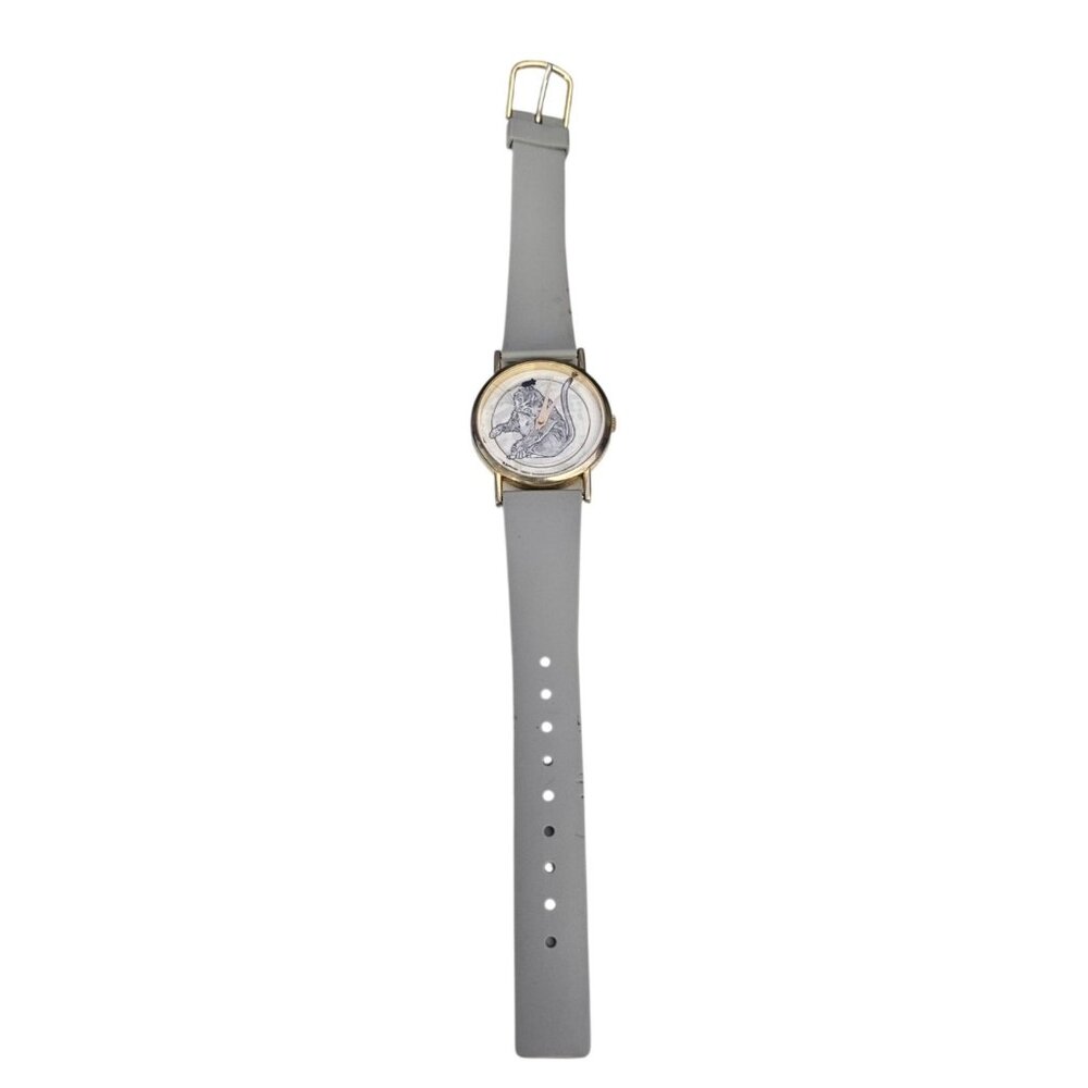 Vintage 1980s Cat & Mouse Watch Gray Watch Band Needs Battery Cute Kitten Motif